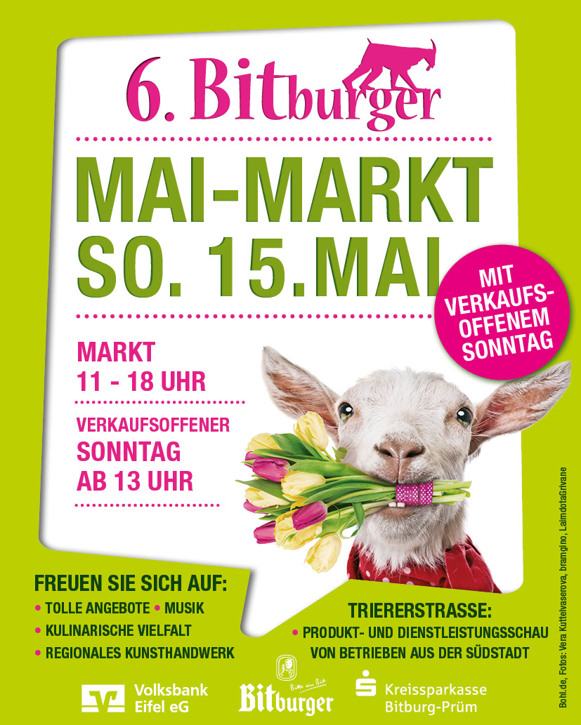 Der Gewerbeverein Bitburg präsentiert Ihnen den 6. Bitburger Mai-Markt 2022 am Sonntag, dem 15. Mai zwischen 11 und 18 Uhr mit verkaufsoffenem Sonntag.